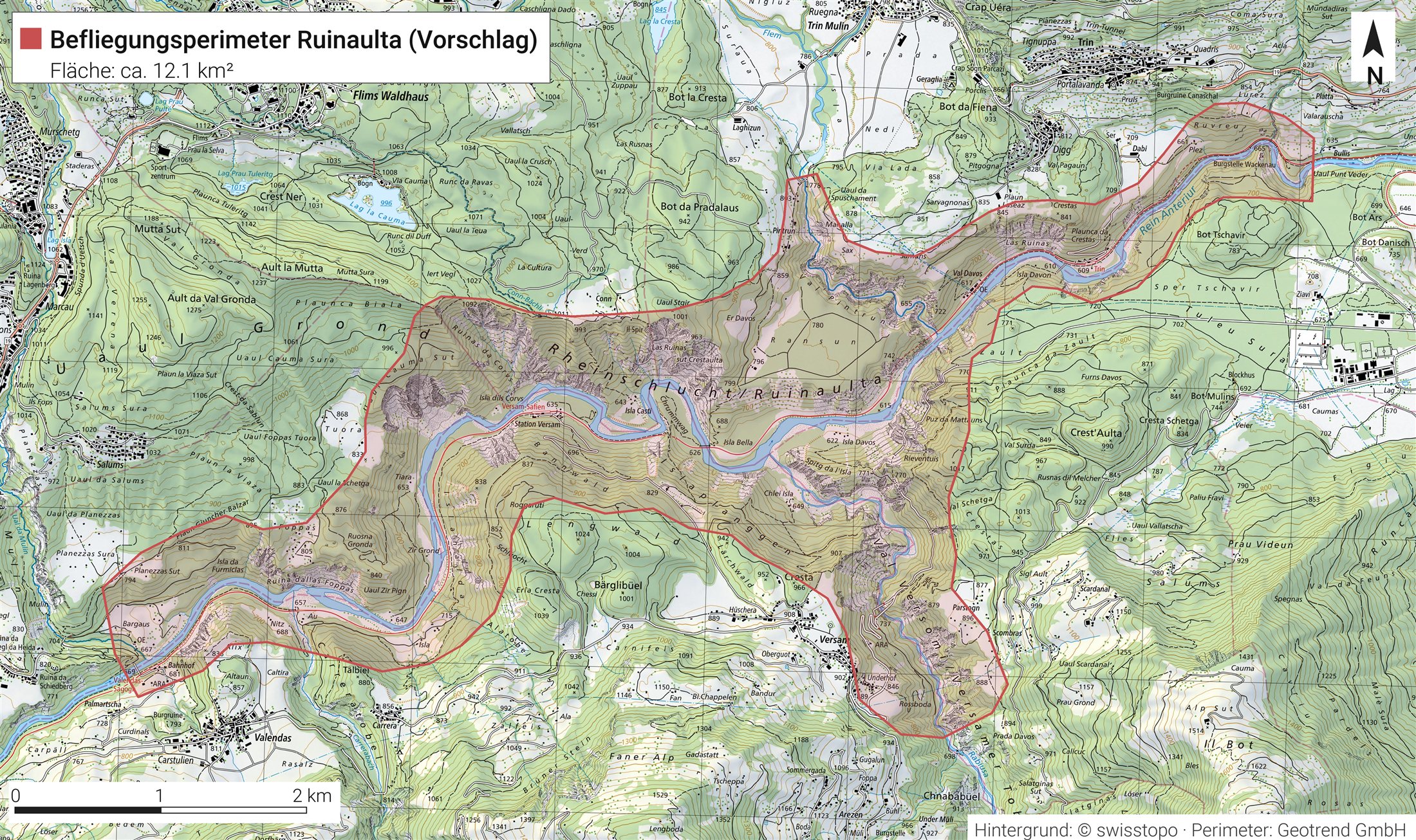 Karte des vorgeschlagenen Befliegungsperimeters: rot umrandetes Gebiet von rund 12 Quadratkilometern entlang der Rheinschlucht von Valendas-Sagogn bis Trin