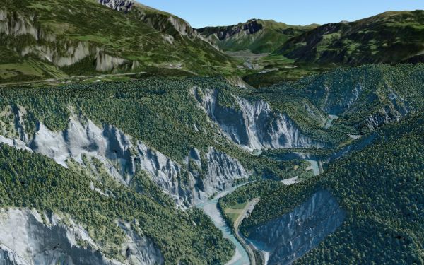 Punktwolke der Rheinschlucht von 2018, eingebettet in das Terrainmodell von swisstopo