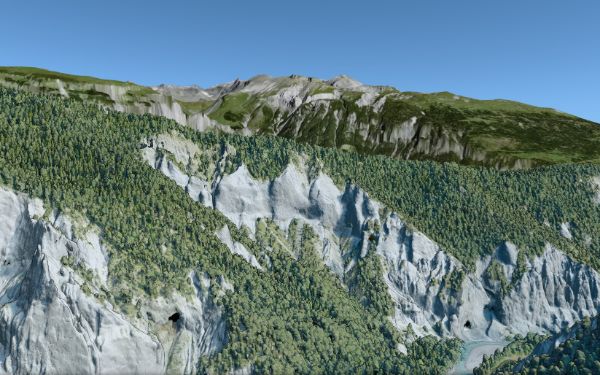 Punktwolke der Rheinschlucht mit den Bergketten im Hintergrund
