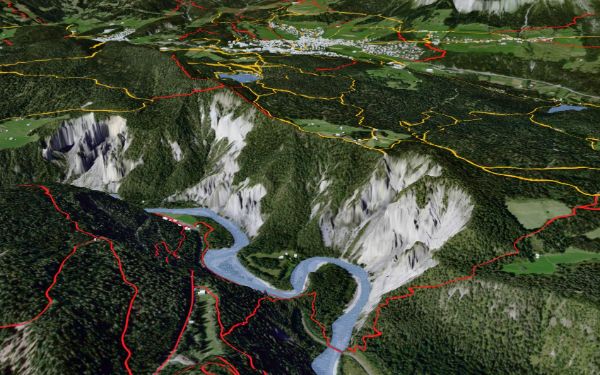 Terrainmodell von swisstopo mit überlagerten Wanderwegen und Bike-Routen